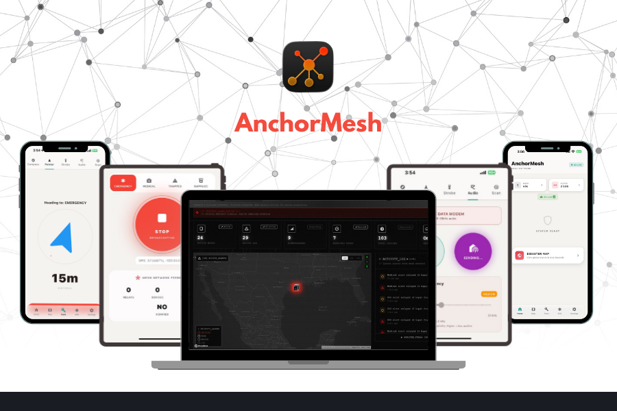 AnchorMesh mobile emergency tools and responder dashboard shown across connected devices