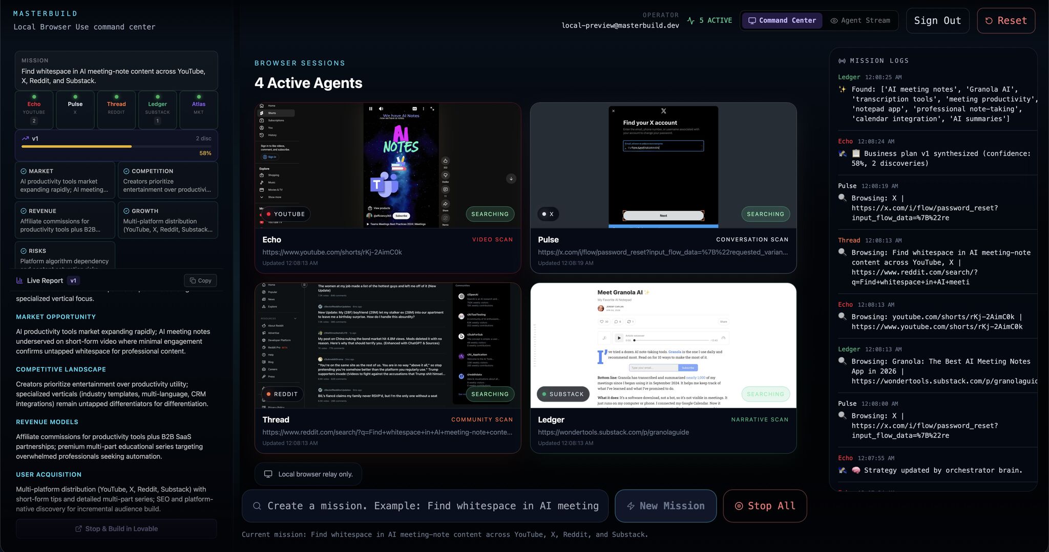 MasterBuild coordinating browser agents through product research and planning tasks