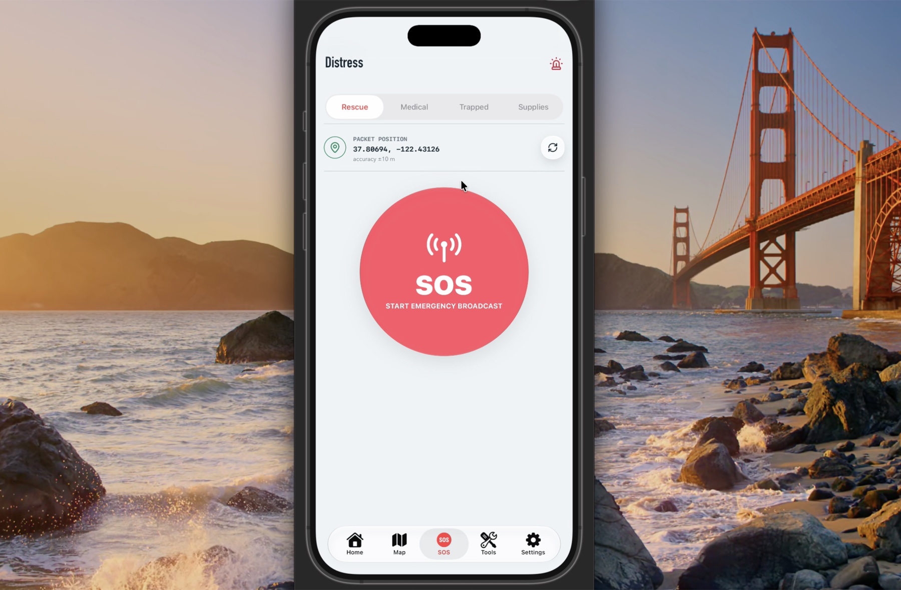 SafeRelay emergency broadcast interface running on a phone near the Golden Gate Bridge