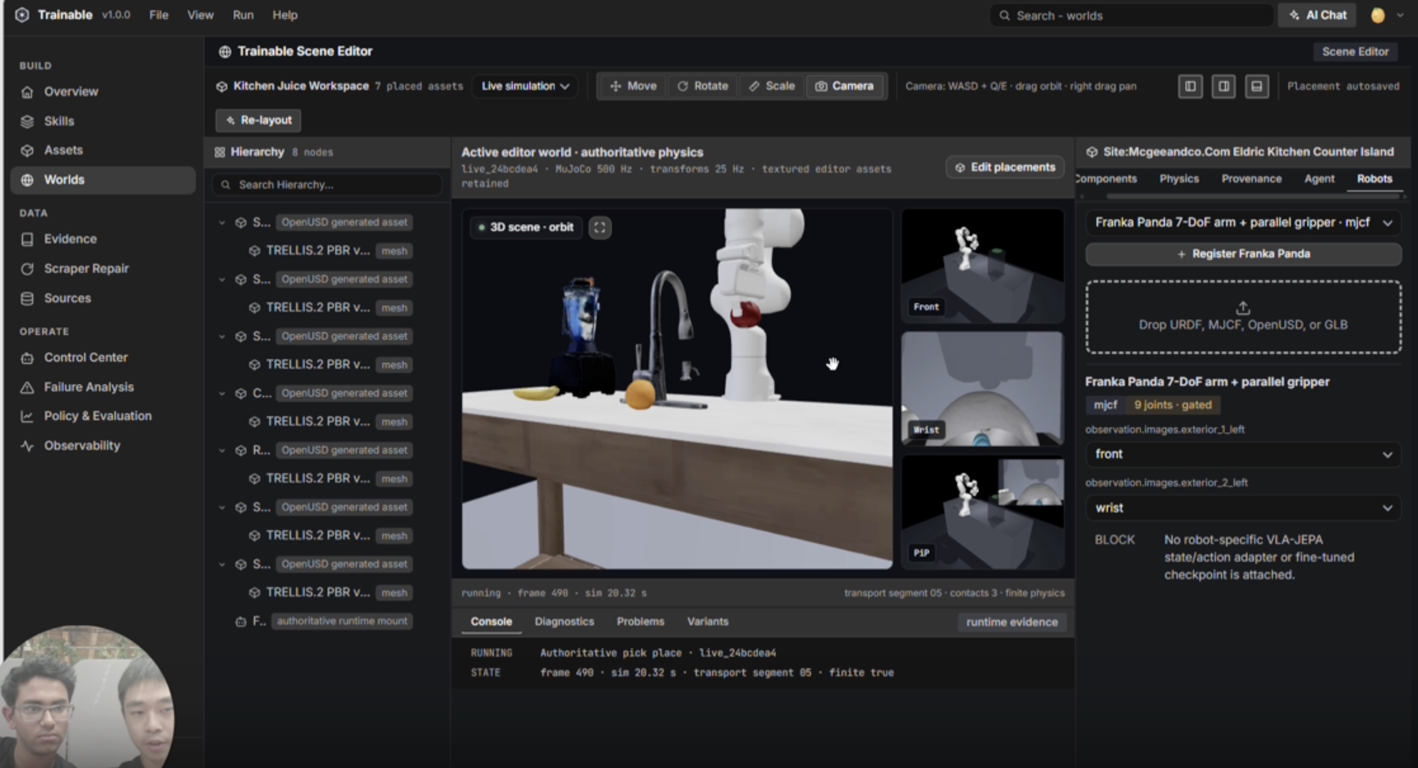 Trainable Scene Editor showing a persistent kitchen world, robot assets, and live simulation controls