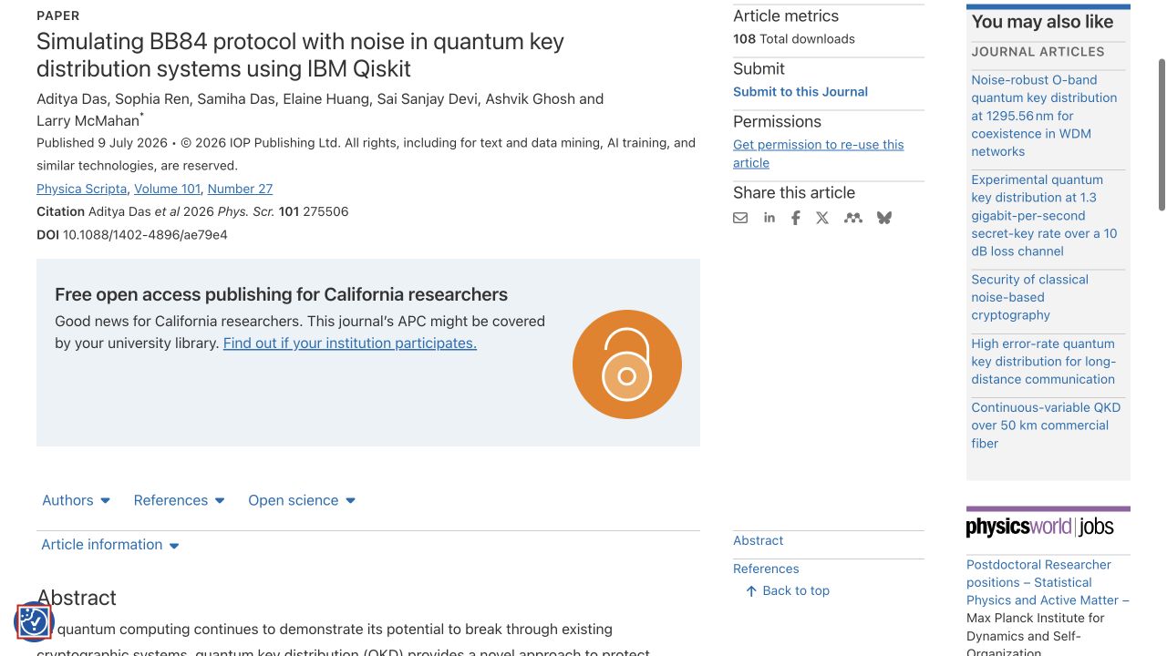 Physica Scripta publication page for the end-to-end BB84 noise simulation